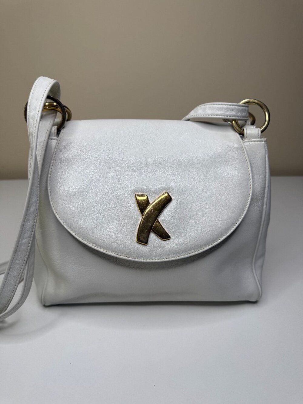 Vintage Paloma Picasso Shoulder Bag White Leather Front Flap Convertible Bag